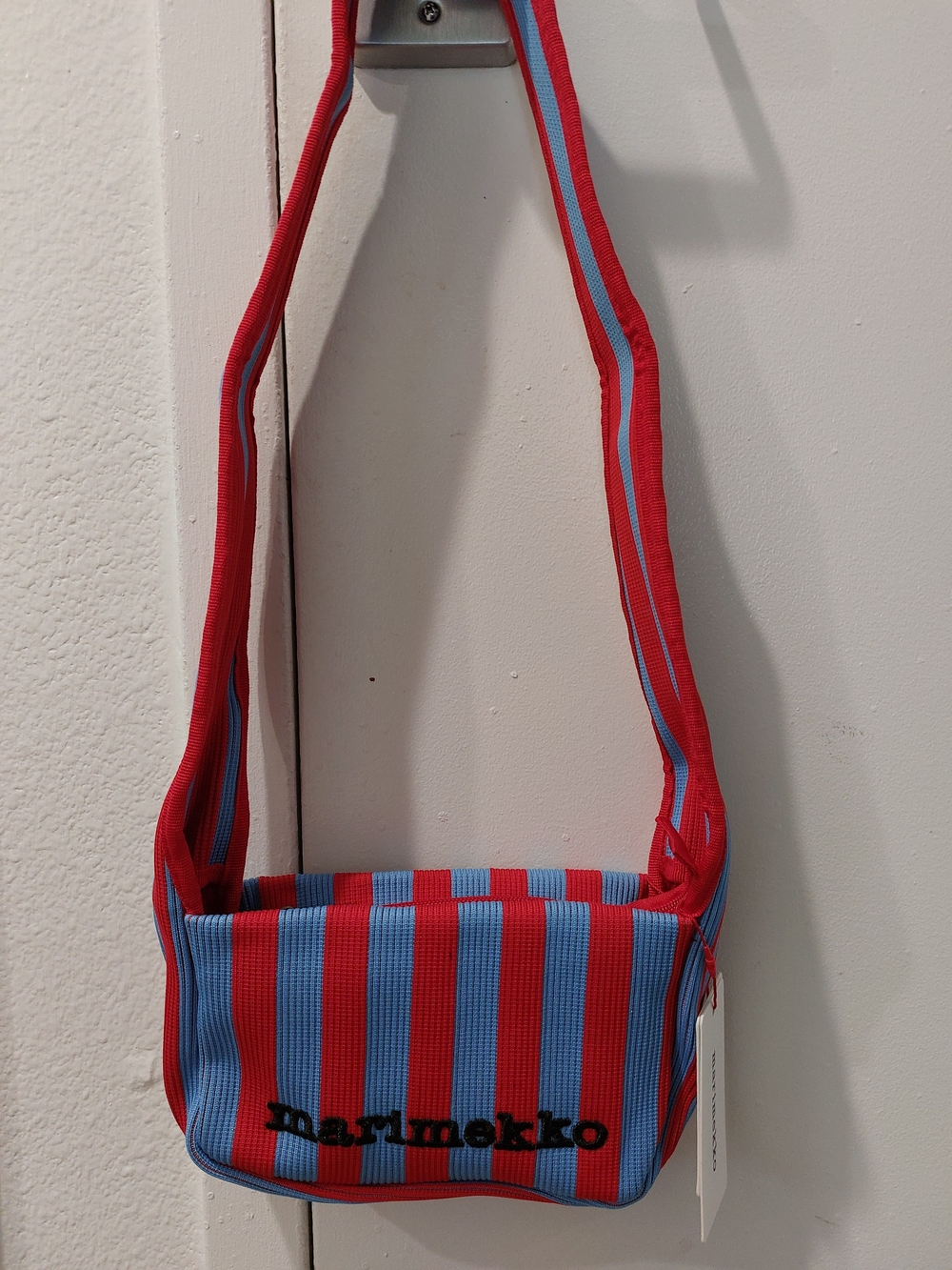Marimekko Red & Light Blue Striped Ribbed Shoulder Bag